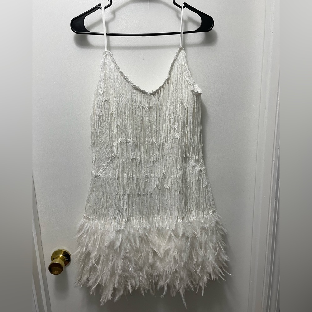 White Fringe Feather Dress